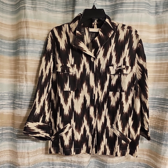 Chico’s Ikat Linen Button Up Top/Blazer Jacket /Boxy Brown/Cream - Picture 1 of 6